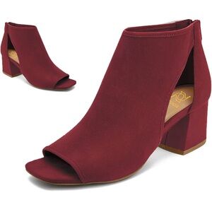 Chunky Heel Booties Suede Open Toe Side Cut-Out Ankle Back Zipper 2” Heel